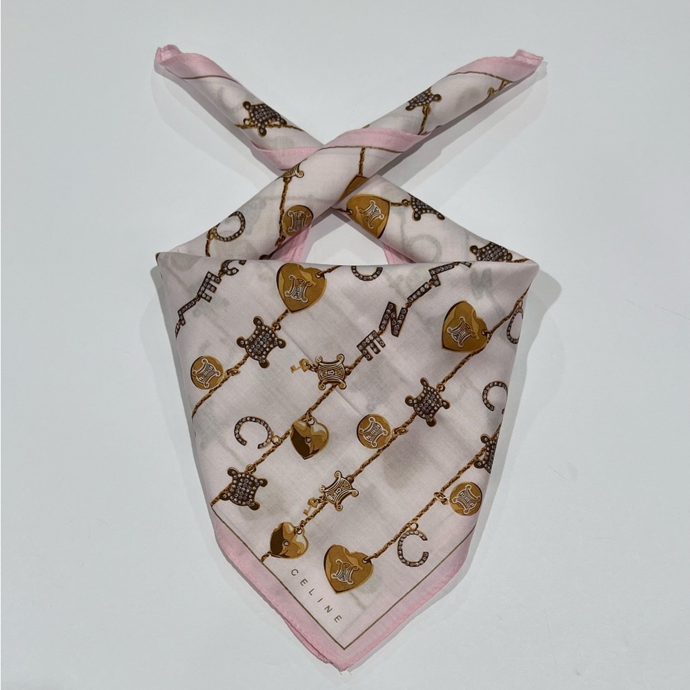 Celine Vintage Handkerchief Mini Scarf Art Logo Pink Cotton Pocket Square 19.5”